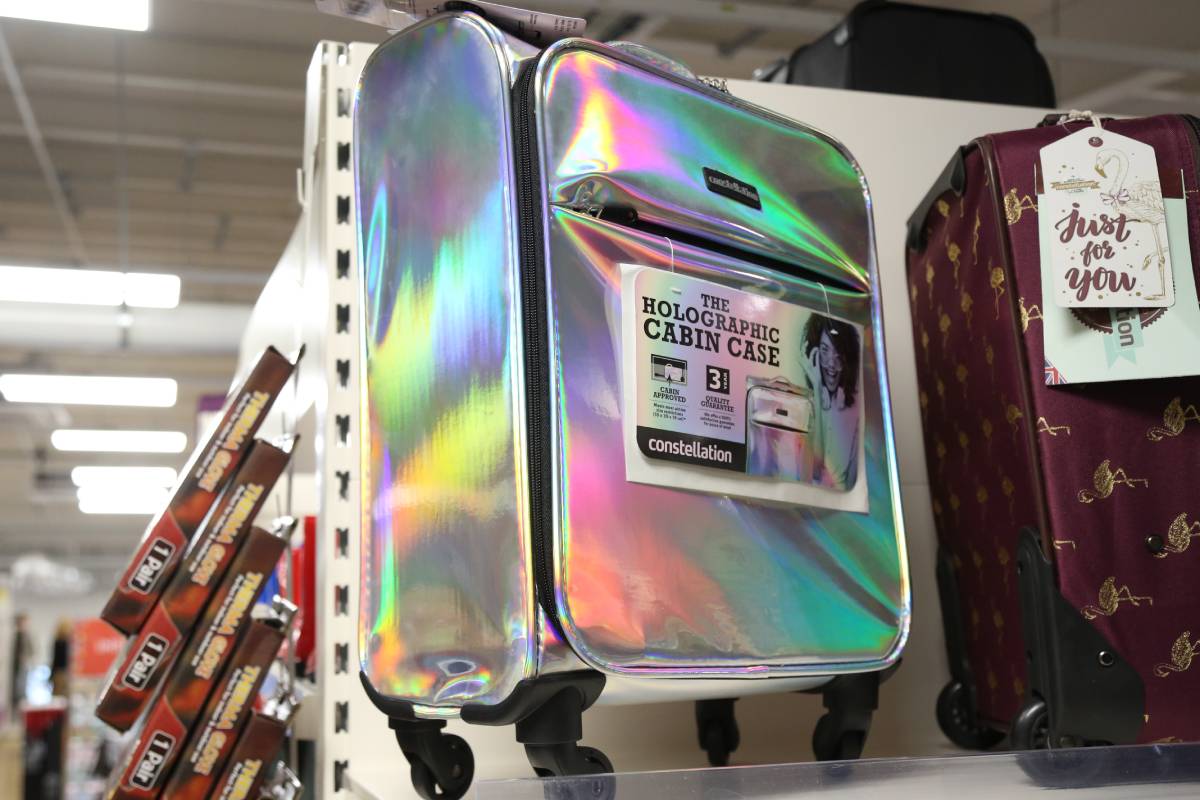 The holographic cabin suitcase which is on sale at The Range in Durham