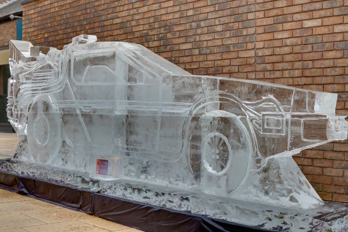 Picture of the Durham Fire and Ice sculpture, the DeLorean