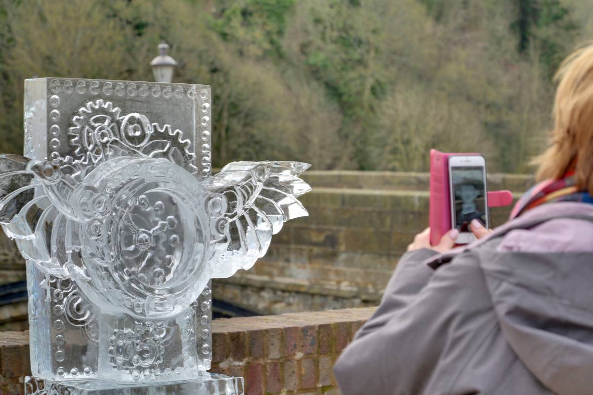 A picture of one of the Durham Fire and Ice sculptures - a steampunk timepiece